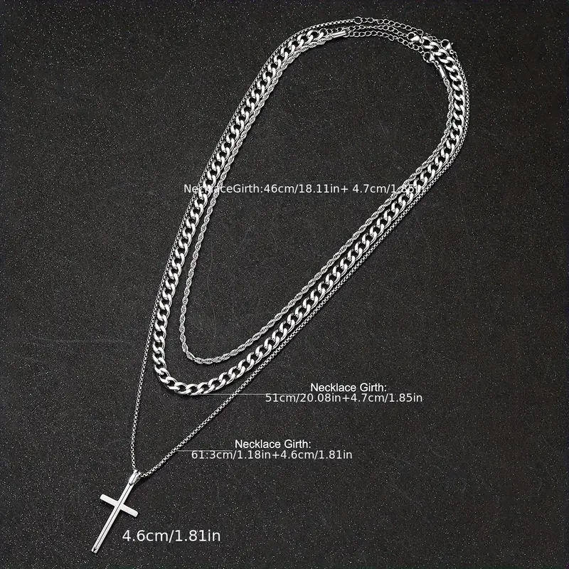 Layered Stainless Steel Cross Necklace Set  Free Gift Pouch-Men's Stainless Steel Chain Necklace