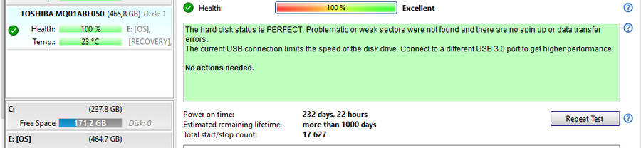 TOSHIBA MQ01ABFO50 500GB NOTEBOOK (2.5") HARD DISK - 100% HEALTH
