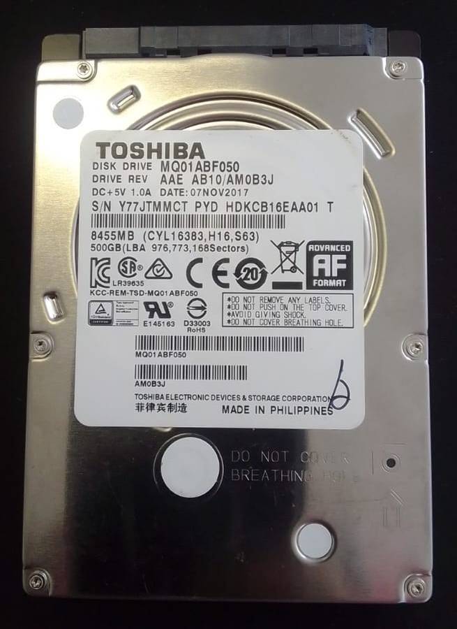 TOSHIBA MQ01ABFO50 500GB NOTEBOOK (2.5") HARD DISK - 100% HEALTH