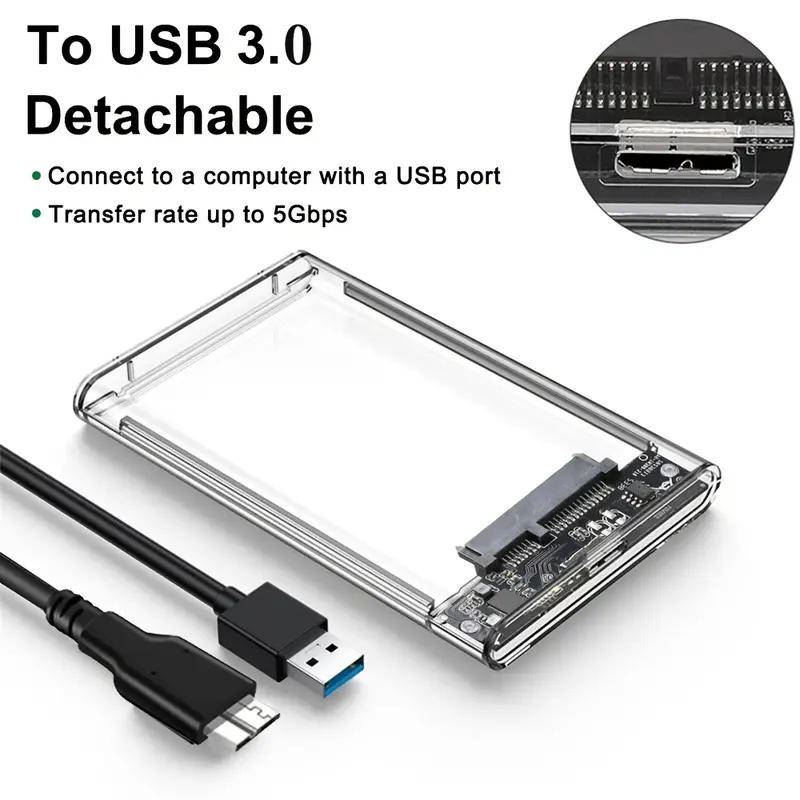 2.5" USB 3.0 SSD/HDD Enclosure  Transparent High-Speed SATA Case