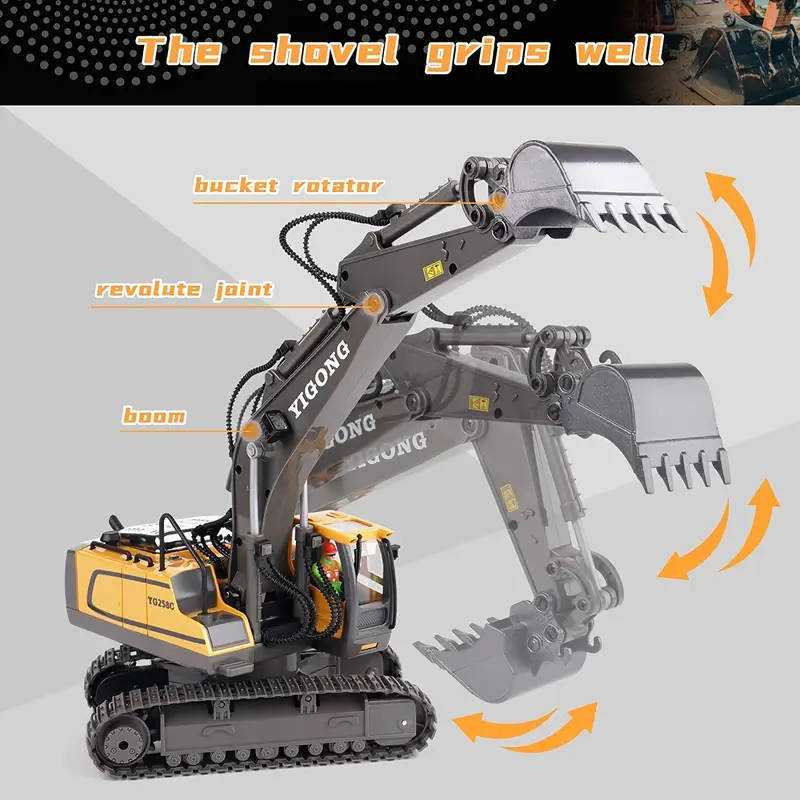 RC Excavator Toy  11CH Hydraulic Arm with Alloy Bucket & Sand-Climbing Power