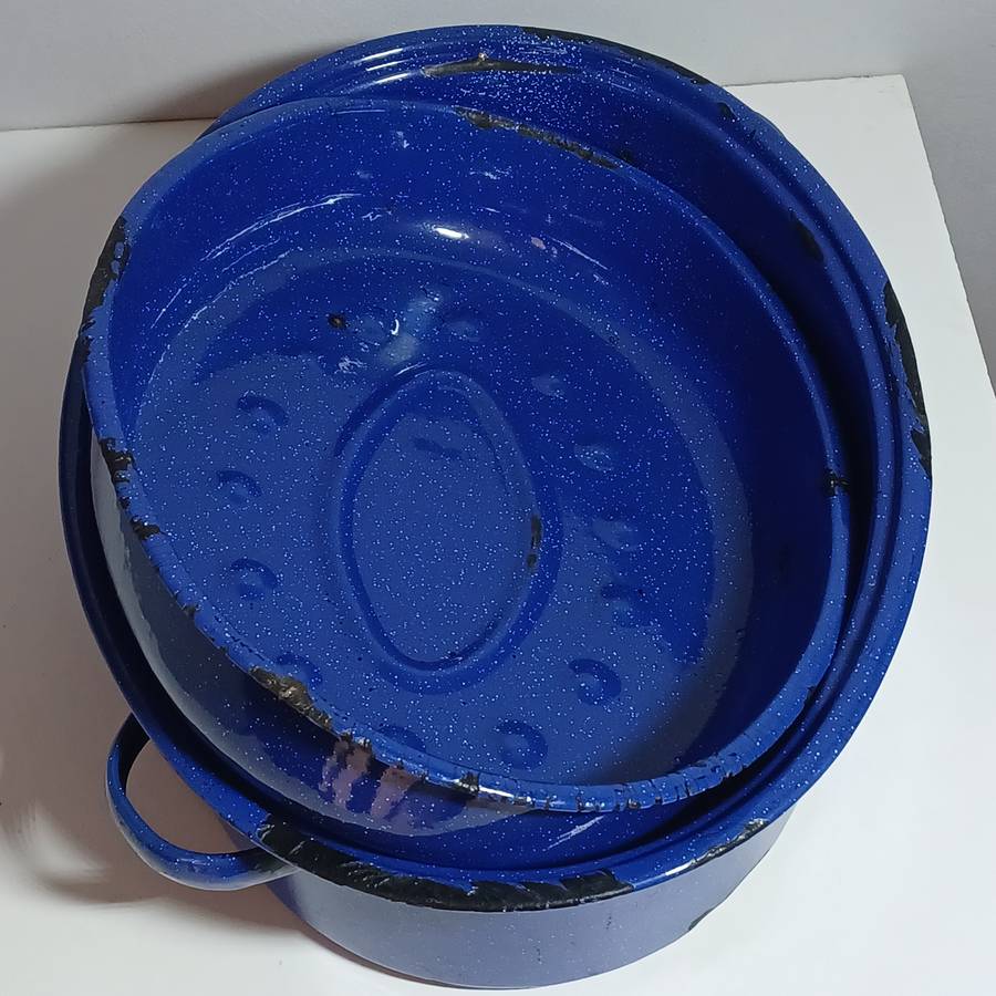 Vintage Blue Enamel Oval Oven Roaster Pan (6 litre)