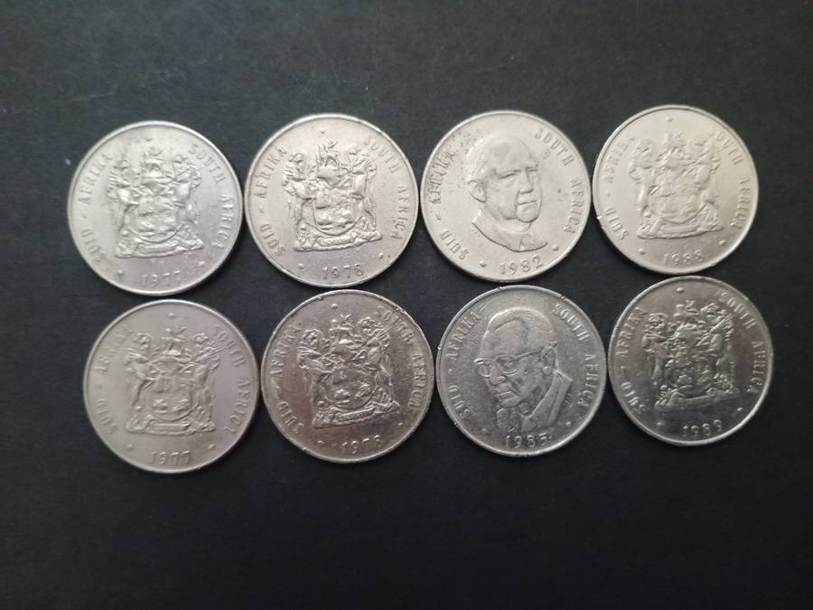 1977, 1978, 1982, 1985, 1988, 1989 South African R1 coins