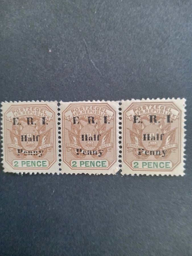 1901 Transvaal 2 Pence stamp - Overprint ERI Half Penny. Missing stop after "E" on centre stamp