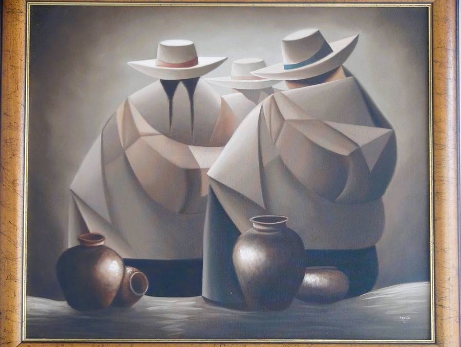 Figures in Peruvian dress with mountains beyond - Signed Original Painting