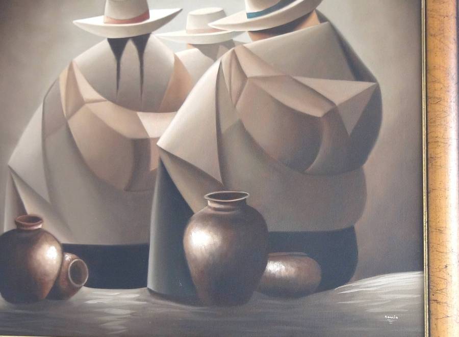 Figures in Peruvian dress with mountains beyond - Signed Original Painting