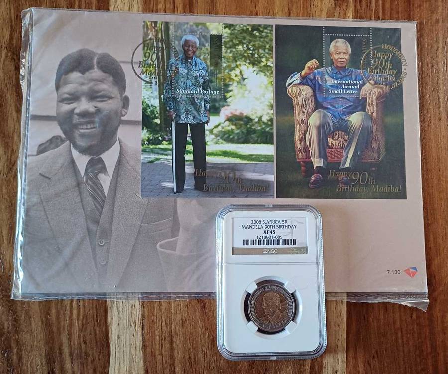 2008 SA 5R Mandela Coin slabbed 90 th Birthday & First Day Cover Mandela