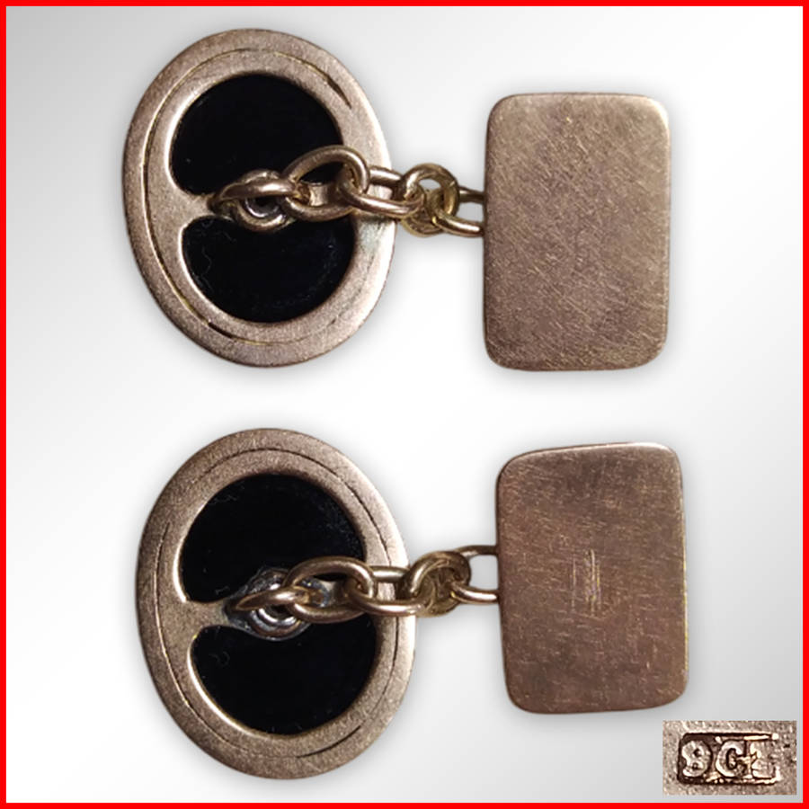 Vintage 9ct Rose Gold Chain Cufflinks With Onyx Stones