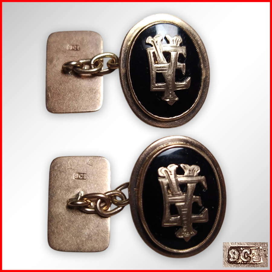 Vintage 9ct Rose Gold Chain Cufflinks With Onyx Stones