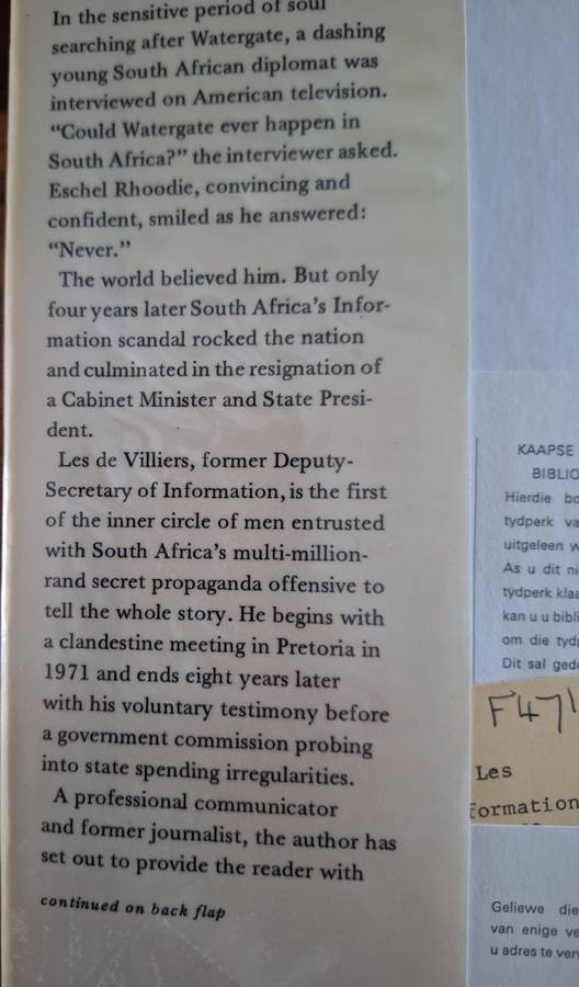 Secret Information-Les de Villiers 1st Edition 1980 English text. Rhoodie Eschel scandal.