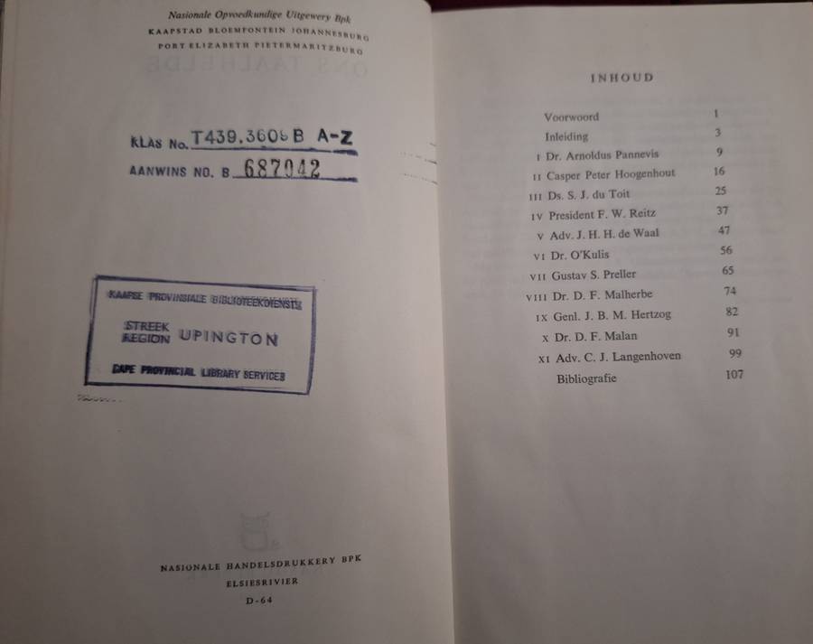 PJ NIENABER-Ons Taal-Helde-first edition-1964- Afrikaans Text. Short Stories of Afrikaans writers.