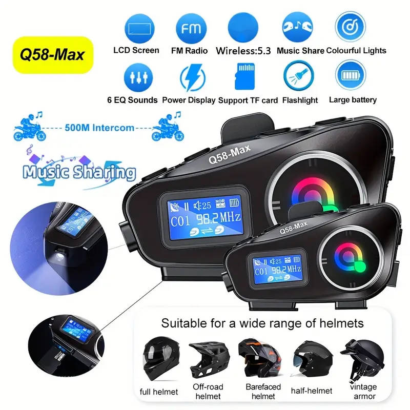 Advanced Motorcycle Helmet Intercom with Bluetooth Calls, Music Streaming, FM Radio