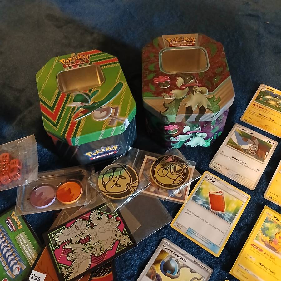 Pokemon card collection 106 cards & 2 tins & tokens (PLUS mystery pack of cards)