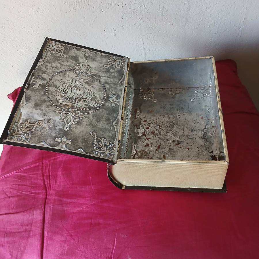 Vintage Book-shaped tin box with embossed sailing ship, treasure chest