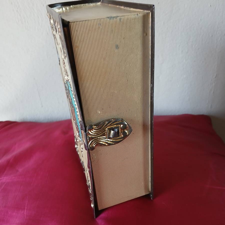 Vintage Book-shaped tin box with embossed sailing ship, treasure chest