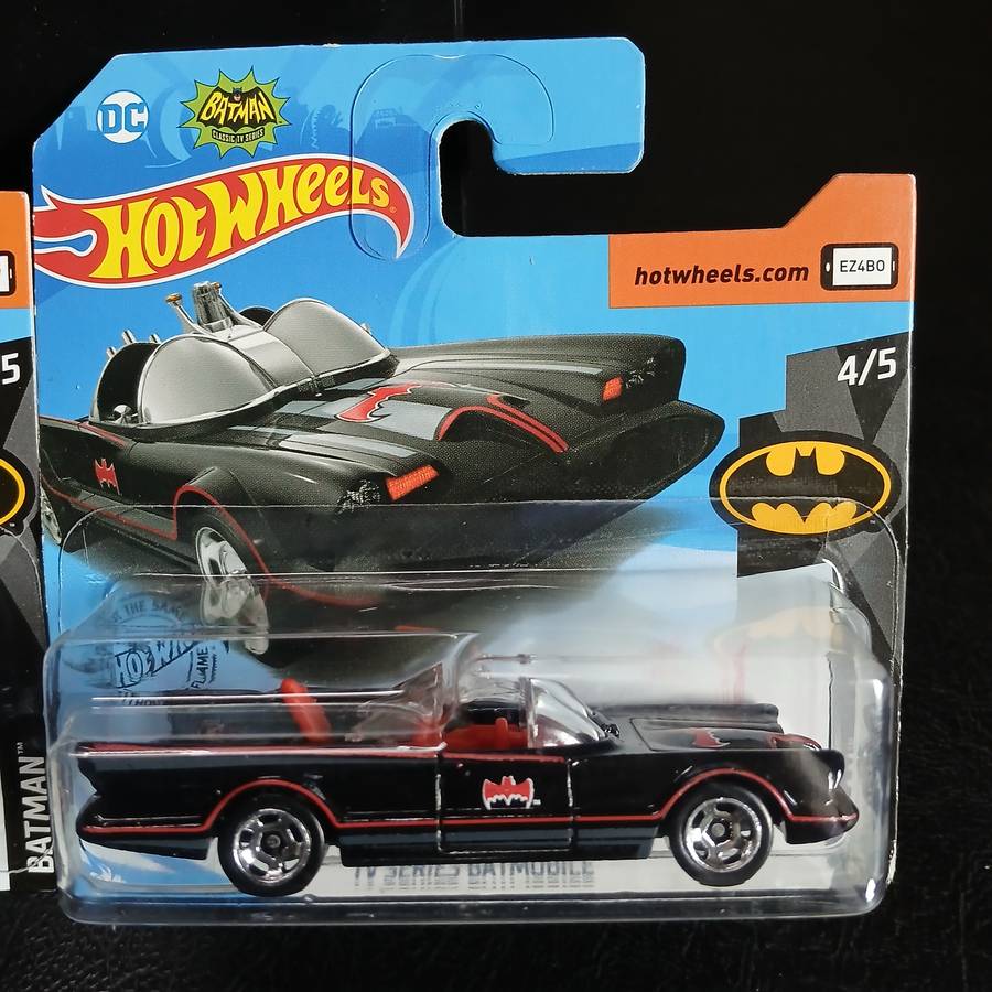 two Hot Wheels diecast models of the Batmobile from the 1966 Batman TV series