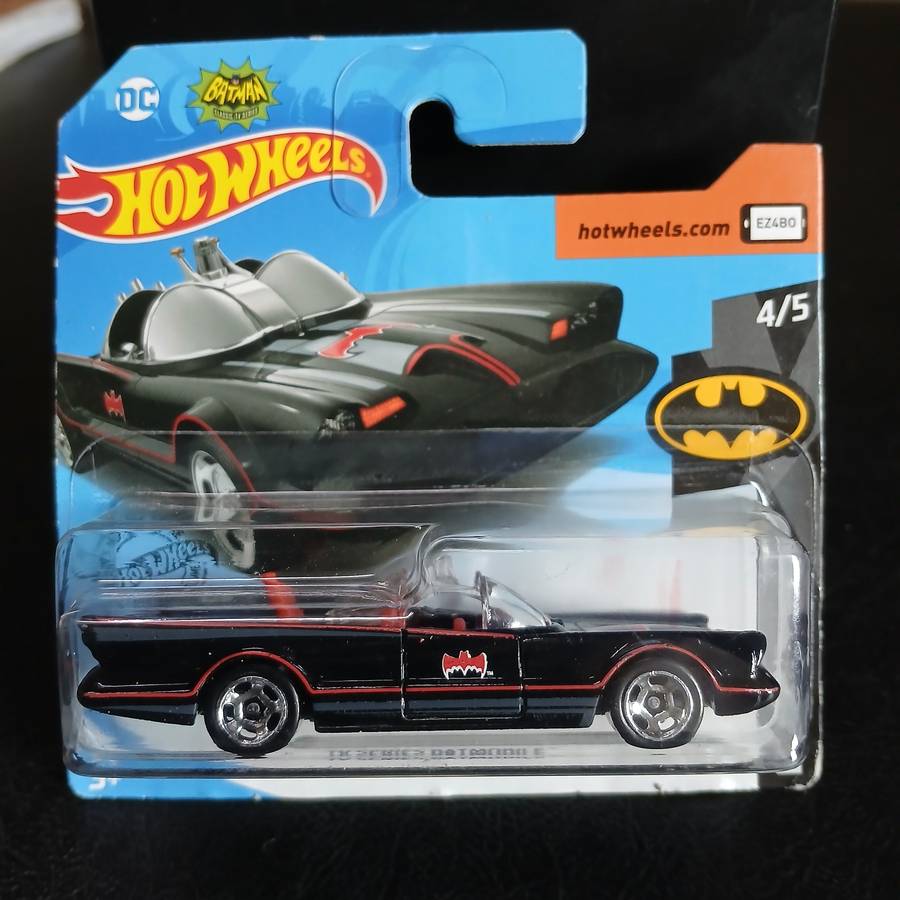 two Hot Wheels diecast models of the Batmobile from the 1966 Batman TV series