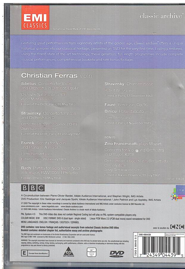 Christian Ferras: Sibelius/Stravinsky/Franck  Violin Concerto In D Minor/in D etc DVD
