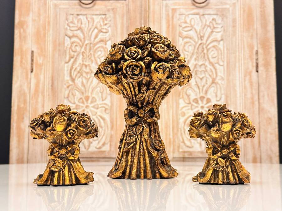 Ornate Gold Gilt Rose Bouquet Vintage Candle Holders