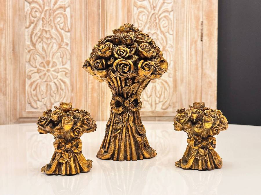 Ornate Gold Gilt Rose Bouquet Vintage Candle Holders