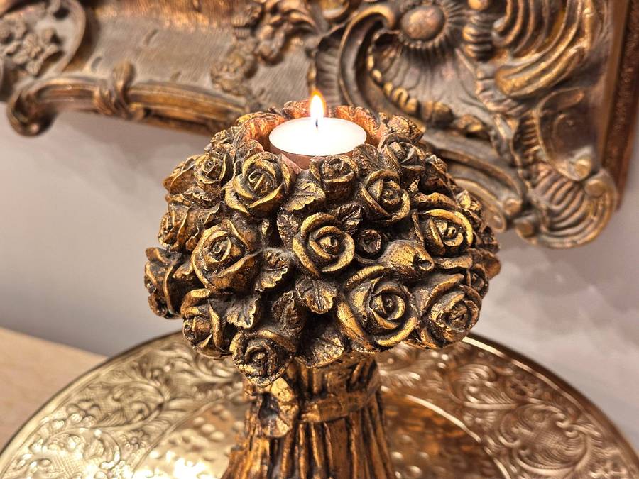 Ornate Gold Gilt Rose Bouquet Vintage Candle Holders
