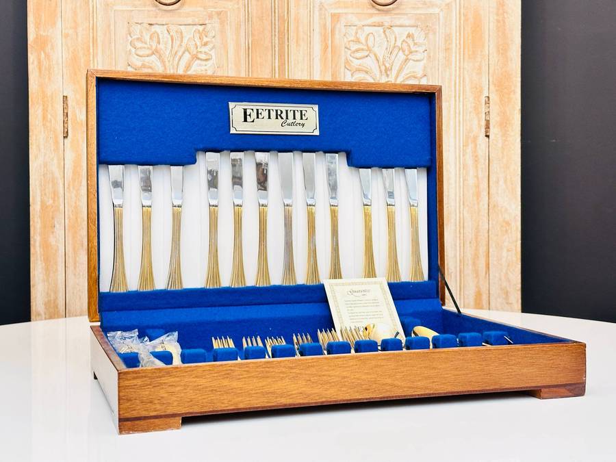 Eetrite 24 Carat Gold Plated Vintage Cutlery Set in Original Wooden Case