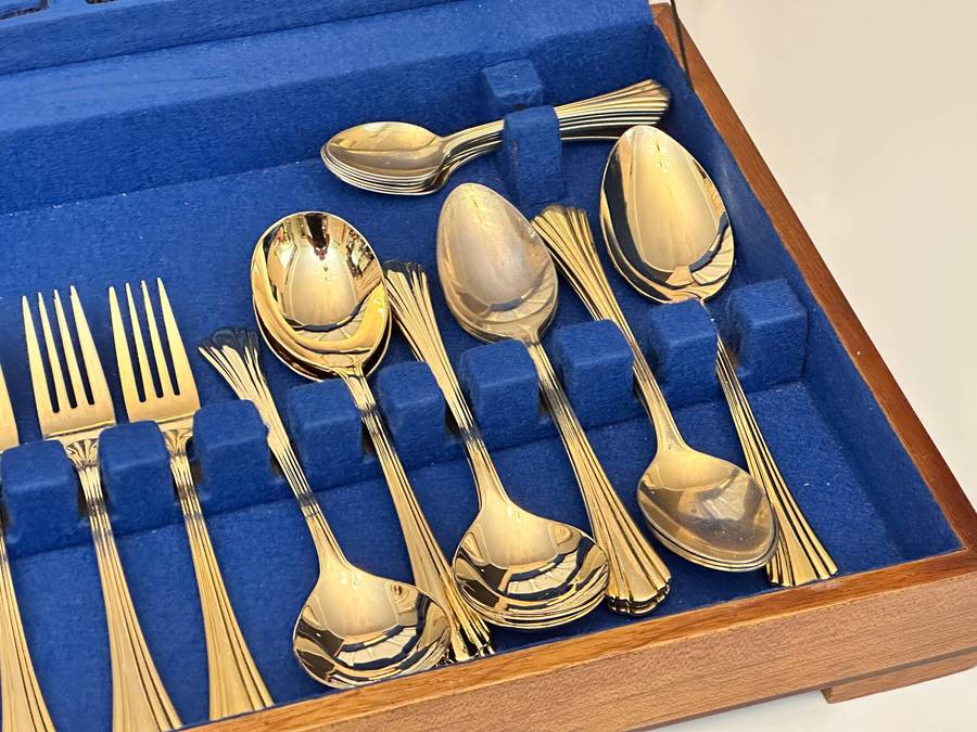 Eetrite 24 Carat Gold Plated Vintage Cutlery Set in Original Wooden Case