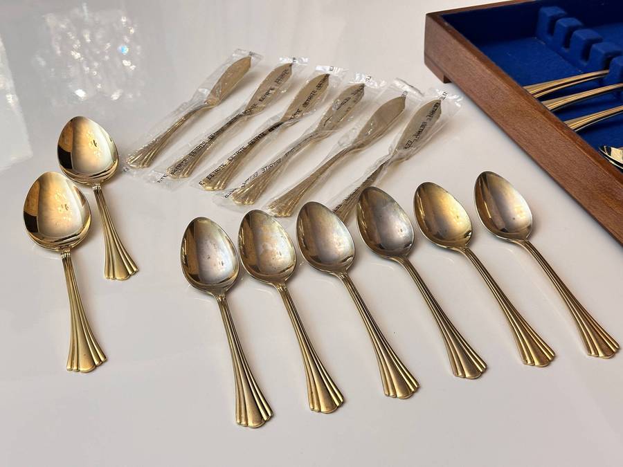 Eetrite 24 Carat Gold Plated Vintage Cutlery Set in Original Wooden Case