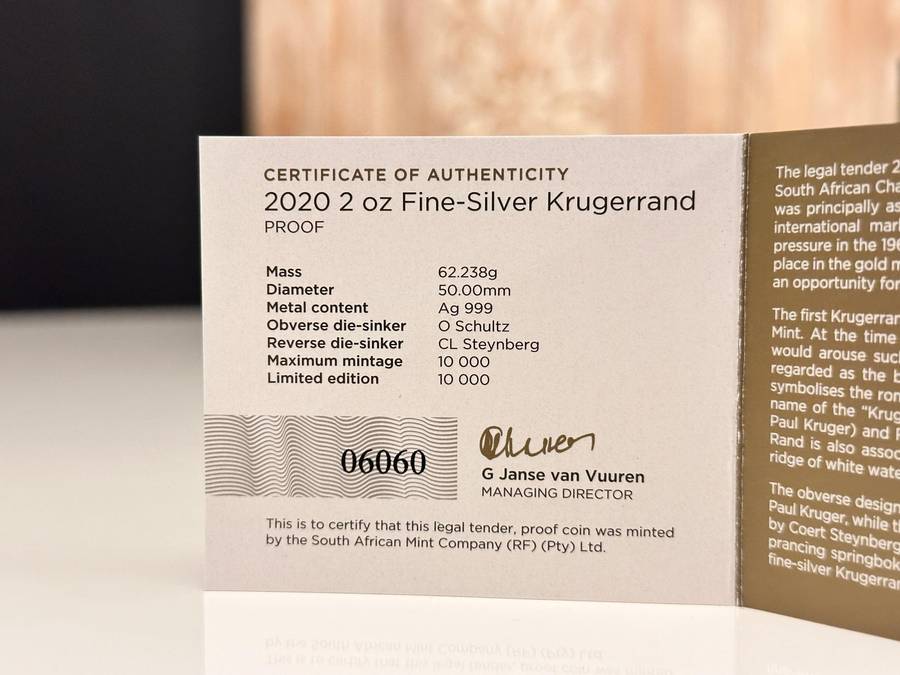 2oz Silver Proof Krugerrand 2020 - In Original SA Mint box with Certificate