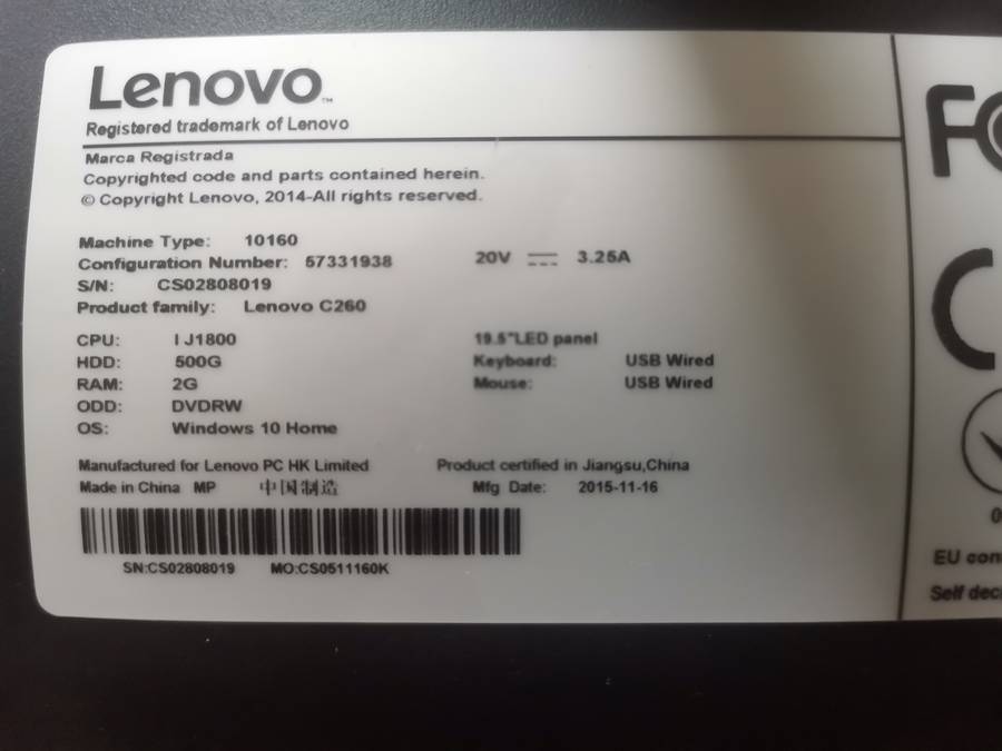Lenovo C260 AIO - 19.5" LED - 2GB RAM/ 500GB HDD + Windows 10 - Excellent conditon