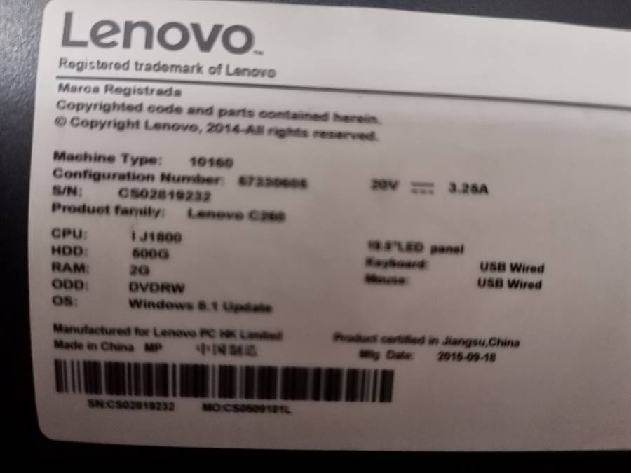 Lenovo C260 AIO - 19.5" LED - 2GB RAM/ 500GB HDD + Windows 8 - Condition as per photos