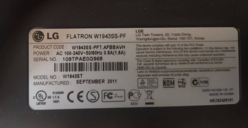 LG FLATRON W1943SS 19" Monitor - VGA port only