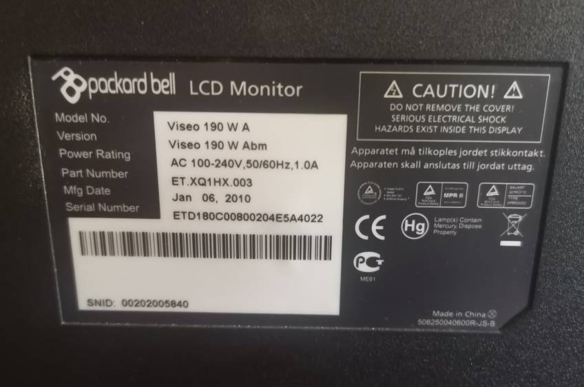 Packard Bell Viseo 190 WA 19" LCD Monitor - VGA port only