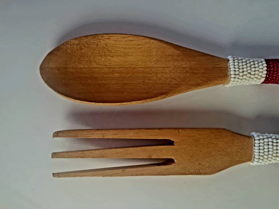 Salad servers, wooden with bead detail.