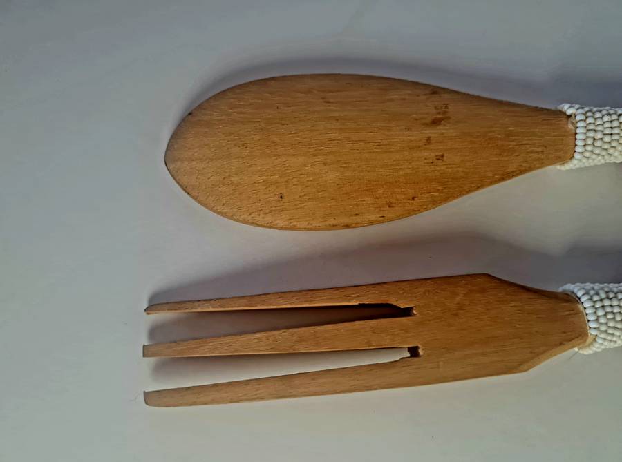Salad servers, wooden with bead detail.