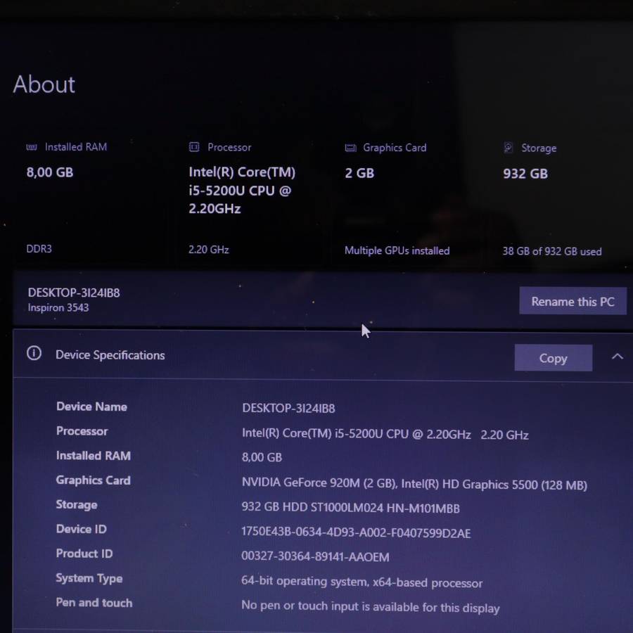 Dell Inspiron 3543 Laptop - Core i5 2.20GHz NVIDIA GeForce 920M 8GB RAM 1TB HDD