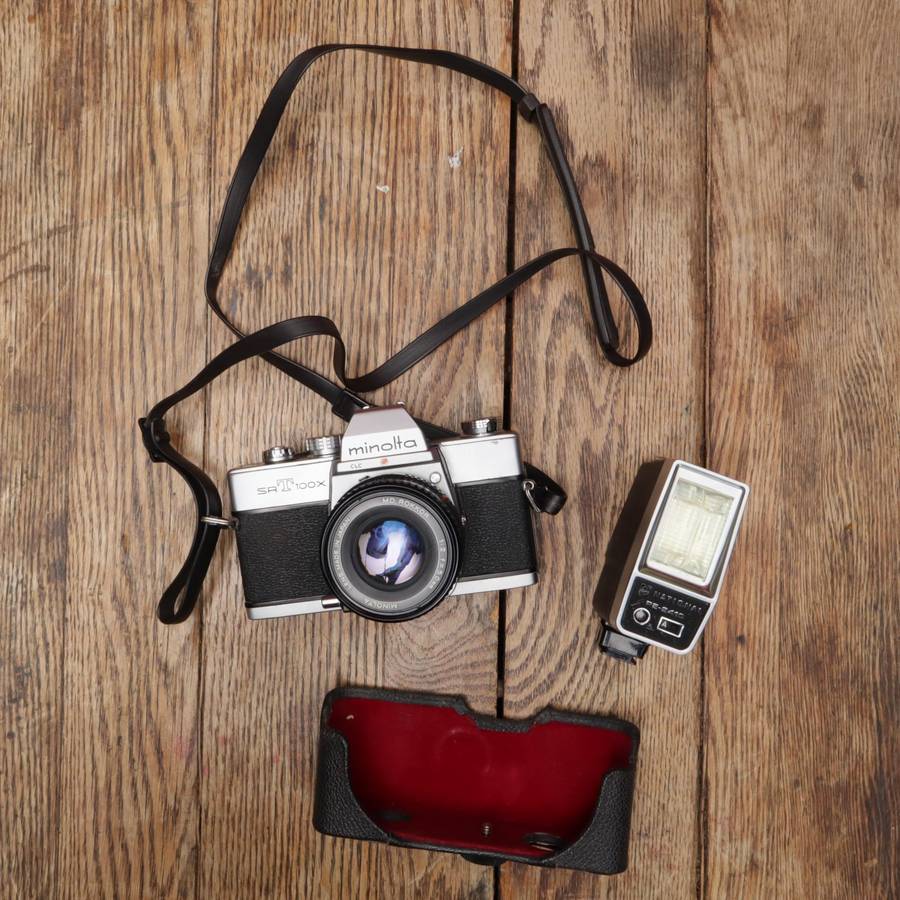 Minolta SRT100 35mm Film SLR Camera with National PE-2410 Flash - MD Rokkor f2/50mm