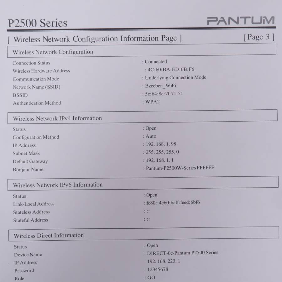 Pantum P2512W Mono Laser Printer Wi-Fi Capability - Open Box