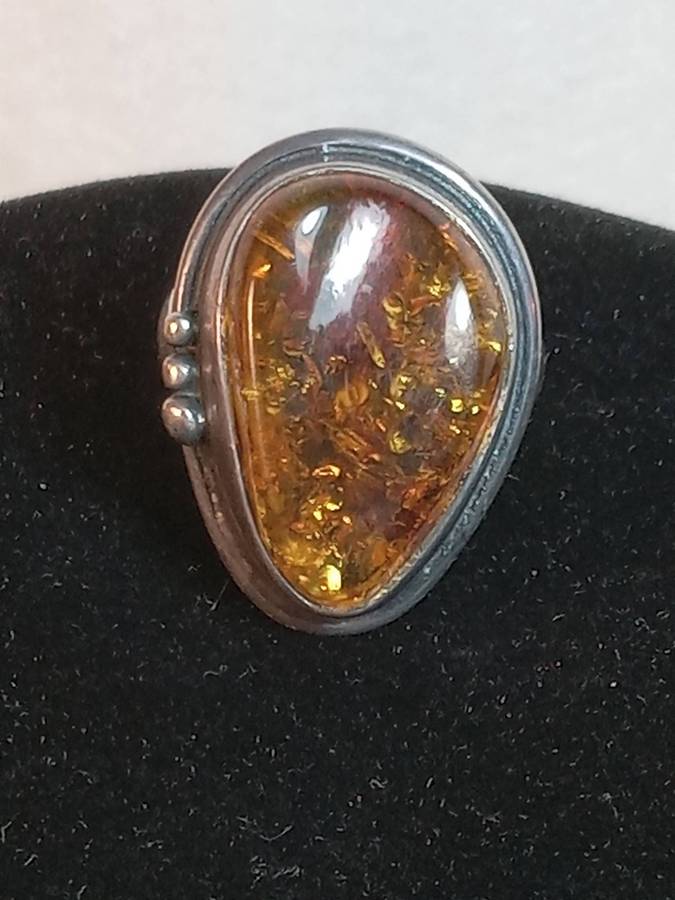 Antique Sterling Silver and Baltic Amber Ring size M 1/2