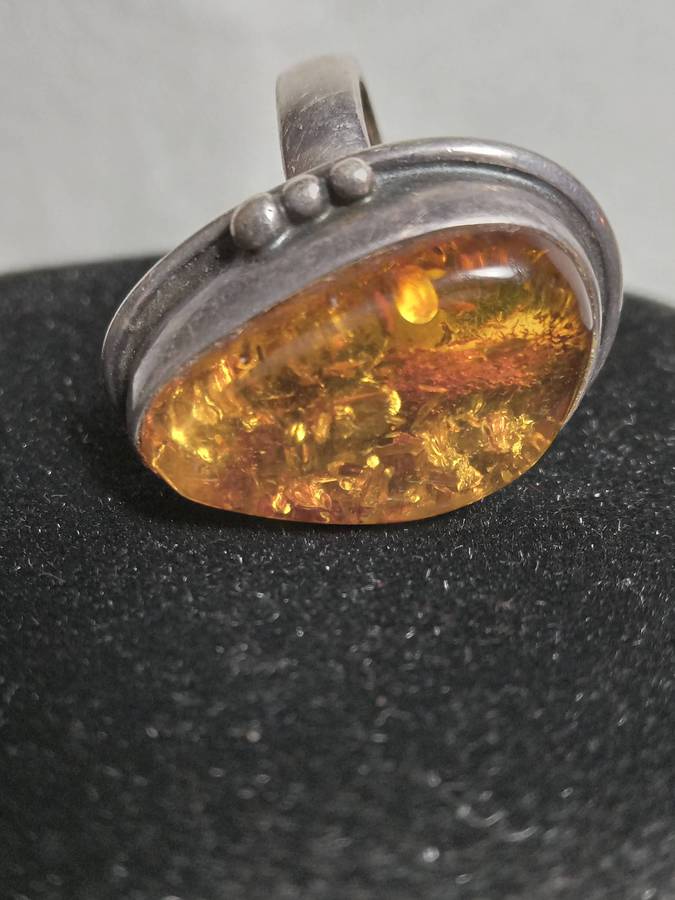 Antique Sterling Silver and Baltic Amber Ring size M 1/2