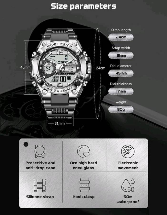 LIGE Digital Men Military Watch 50m Waterproof Wristwatch Quartz Sport Watch