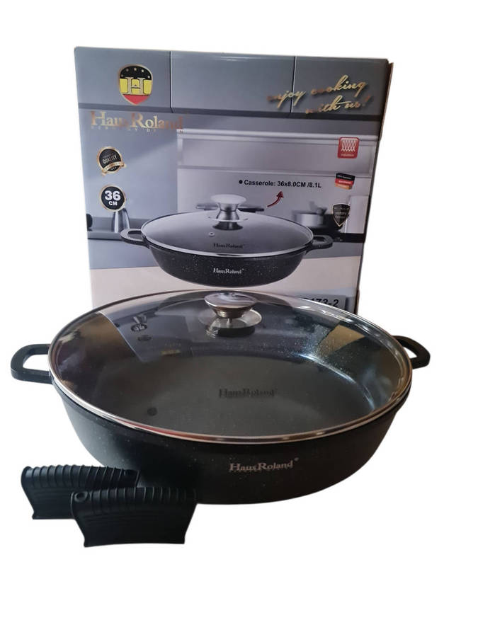 HausRoland 36cm Marble Coating Non-Stick Shallow Casserole & Black Detachable Grips