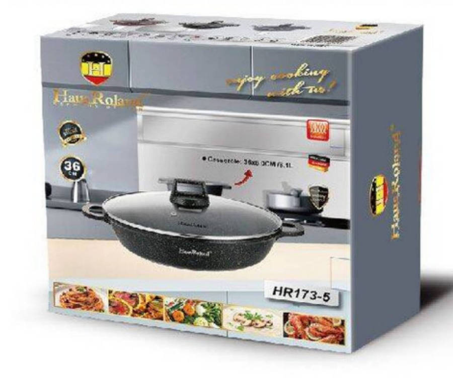 HausRoland 36cm Marble Coating Non-Stick Shallow Casserole & Black Detachable Grips
