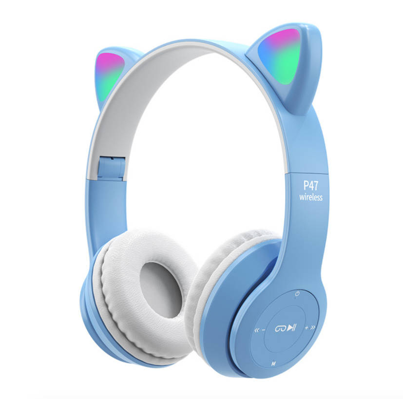 AFR P47M Cat Ears Bluetooth Headphones Wireless LED Light Up - Light Blue