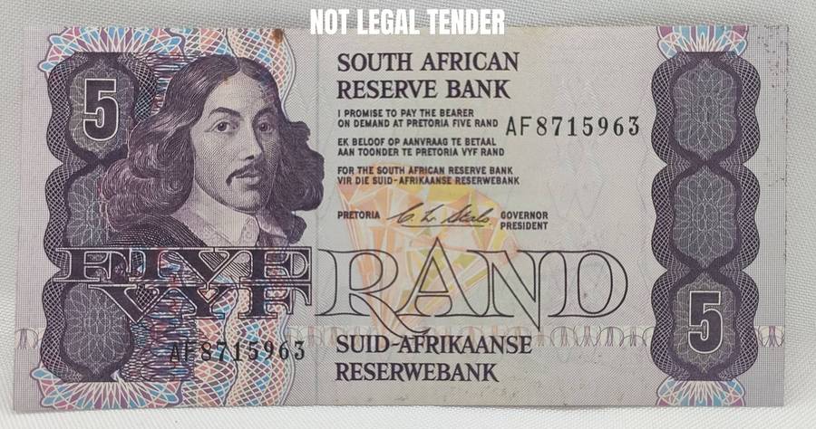 SARB banknote - R5 - AF prefix - CL Stals - UNC - not legal tender- BN 28 the previous number