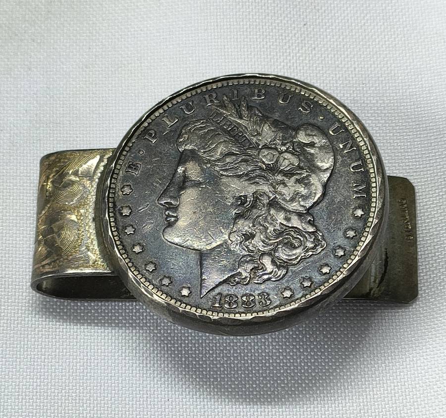 1883 Morgan Dollar (.900 Silver) on stand for display: Gorgeous silversmith work: .43 gram