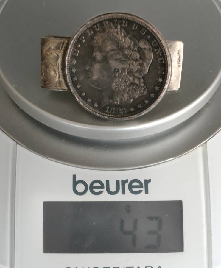 1883 Morgan Dollar (.900 Silver) on stand for display: Gorgeous silversmith work: .43 gram