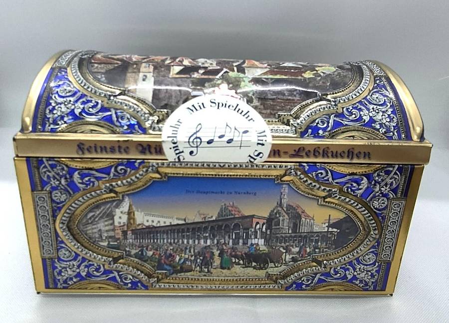 2 Brass containers and musical box biscuit container- no damage - Biscuit box 150 mm x 100 mm