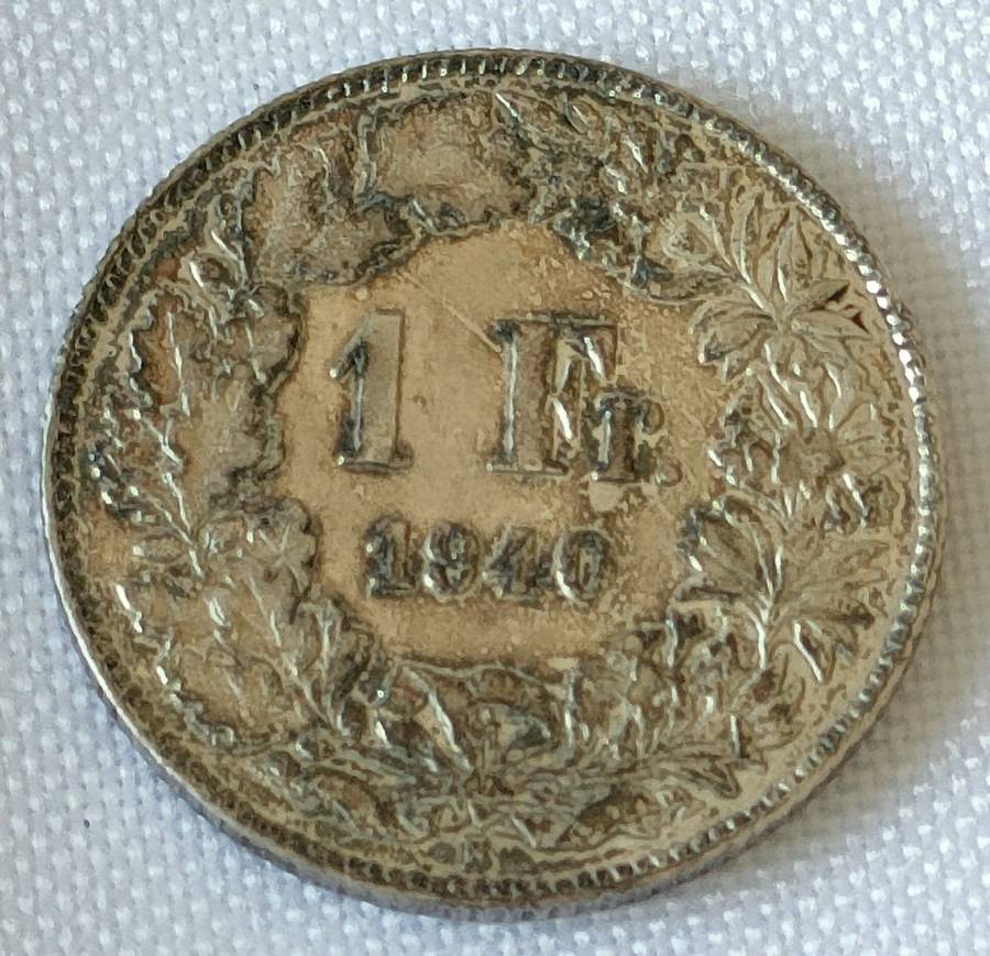 Swiss 1 Franc 1940: Silver coin: Good condition