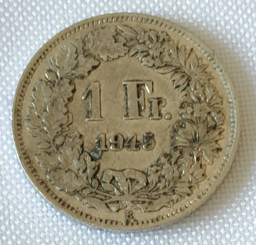 Swiss 1 Franc 1945: Silver coin: Good condition